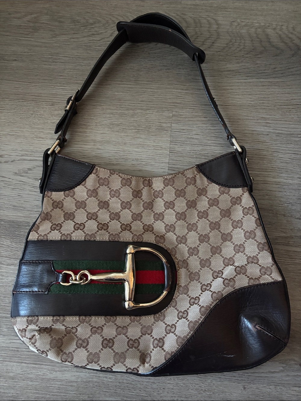 Authentic Gucci Brown GG Canvas Shoulder Bag with Horsebit Detail